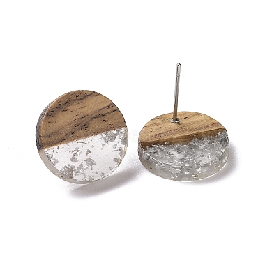 Resin & Walnut Wood Flat Round Stud Earrings with 304 Stainless Steel Pin for Women(EJEW-N017-010B-01)-2