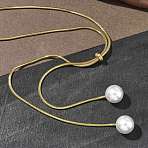 Ion Plating(IP) Round White Acrylic Imitation Pearl 304 Stainless Steel Round Snake Chain Lariat Necklaces, Golden, 27.56 inch(70cm)(NJEW-D269-01G)