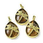 Natural Tiger Eye Pendants, with Golden Tone Brass Findings, Lead Free & Cadmium Free, Teardrop with Dragonfly Charms, 40~40.5x26~26.5x8.5~9.5mm, Hole: 7~8x4.5~5mm(G-G900-01G-07)