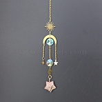 Natural Rhodonite Star Sun Catcher Hanging Ornaments with Brass Sun, for Home, Garden Decoration, Golden, 400mm(HJEW-PW0002-13H)