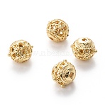 Alloy Hollow Beads, Round with Flower, Cadmium Free & Lead Free, Real 18K Gold Plated, 8~9.5x8mm, Hole: 1.5mm(X1-PALLOY-P238-24G-RS)