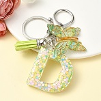 Resin & Acrylic Keychain, with Faux Suede Tassel Pendant & Alloy Findings, Letter D, 9.5cm(KEYC-YW00122-04)
