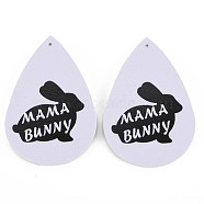 PU Leather Big Teardrop with Bunny Pendants, Easter Theme, with Rabbit Pattern, Black, 55~56.5x35~37x2mm, Hole: 1~2mm(FIND-T058-A40)