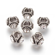 Tibetan Style Alloy Rhinestone Beads, Rondelle, Antique Silver, Crystal, 13.5x9.5mm, Hole: 6mm(PALLOY-P172-073A)