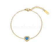 Cubic Zirconia Heart Link Bracelet with Golden Stainless Steel Chains, Dark Blue, 6-1/4 inch(16cm)(OQ9710-2)