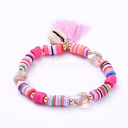 Stretch Charm Bracelets, with Polymer Clay Heishi Beads, Cotton Thread Tassels, Cowrie Shell Beads, Heart Glass Beads and Brass Round Beads, Pink, 2-1/8 inch(5.4cm)(X-BJEW-JB05085-03)