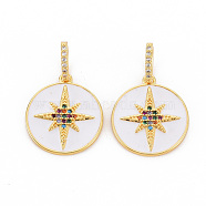 Brass Micro Pave Colorful Cubic Zirconia Pendants, with Enamel, Nickel Free, Real 18K Gold Plated, Flat Round, White, 19x17x2mm, Hole: 7x3.5mm(KK-S354-334-NF)