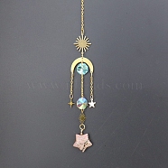 Natural Rhodonite Star Sun Catcher Hanging Ornaments with Brass Sun, for Home, Garden Decoration, Golden, 400mm(HJEW-PW0002-13H)