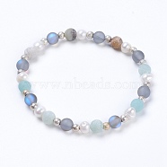 Stretch Bracelets, with Natural Flower Amazonite and Synthetic Moonstone Beads, Grade A Pearl Beads and Brass Textured Beads, 2-1/4 inch(5.6~5.8cm)(BJEW-JB03790-02)