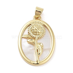 Rack Plating Brass Pave Shell Pendants, Oval with Flower Charms, Long-Lasting Plated, Lead Free & Cadmium Free, Real 18K Gold Plated, 25x17.5x3mm, Hole: 5x3.5mm(KK-Z064-28G-011)