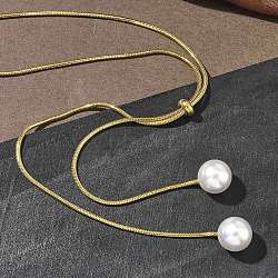 Ion Plating(IP) Round White Acrylic Imitation Pearl 304 Stainless Steel Round Snake Chain Lariat Necklaces, Golden, 27.56 inch(70cm)(NJEW-D269-01G)