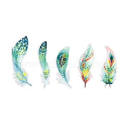 10Pcs Hot Stamping PET Self Adhesive Feather Stickers, Waterproof Feather Decals, for Diary, Album, Notebook, DIY Arts and Crafts, Light Green, 130x50mm(PW-WG64164-01)