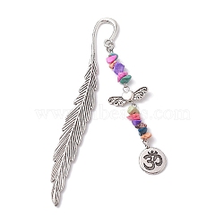Tibetan Style Alloy Feather Bookmark, with Synthetic Turquoise Beads, Antique Silver, Aum/Om Symbol, 81x15x2mm(AJEW-JK00310-01)