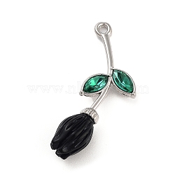 Alloy Resin Flower Pendants, Rose Charms with Glass Leaf, Platinum, Black, 32.5x14.5x7.5mm, Hole: 1.6mm(PALLOY-U003-06P-04)