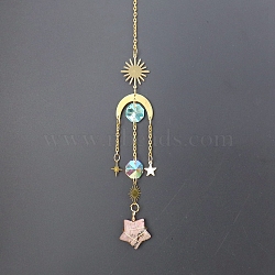 Natural Rhodonite Star Sun Catcher Hanging Ornaments with Brass Sun, for Home, Garden Decoration, Golden, 400mm(HJEW-PW0002-13H)