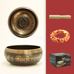 Tibetan Brass Singing Bowl & Wood Striker & Random Color Cloth Mat Set, Nepal Buddha Meditation Sound Bowl, Yoga Sound Bowls, for Holistic Stress Relief Meditation and Relaxation, Golden, 101mm(RELI-PW0004-02E-03)