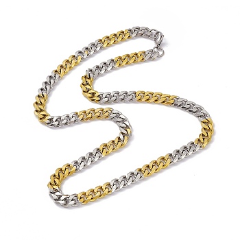 Two Tone Vacuum Plating 201 Stainless Steel Cuban Link Chain Necklace with 304 Stainless Steel Clasps for Men Women, Golden & Stainless Steel Color, 23.86(60.6cm), Link: 11x9x2.5mm