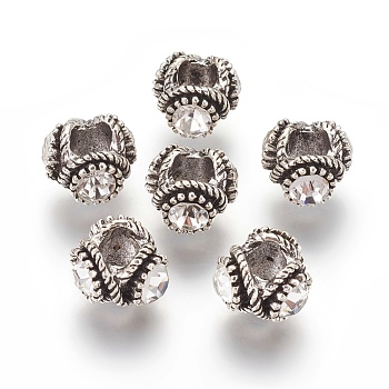 Tibetan Style Alloy Rhinestone Beads, Rondelle, Antique Silver, Crystal, 13.5x9.5mm, Hole: 6mm