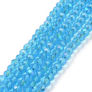 Electroplate Glass Beads Strands, Half Rainbow Plated, Faceted, Rondelle, Deep Sky Blue, 3.5~3.8x3mm, Hole: 0.4mm, about 113~115pcs/strand, 32~33cm