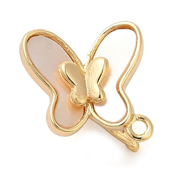 Brass with Natural Shell Fold Over Clasps, Butterfly, Real 18K Gold Plated, 15x12.5x8.5mm, Hole: 1.2mm