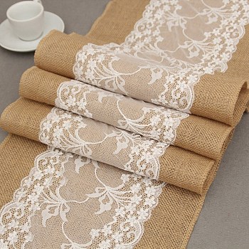 Jute Cloth & Lace Table Runners, for Wedding Party Festival Home Tablecloths Decorations, Rectangle, BurlyWood, 2750x300mm