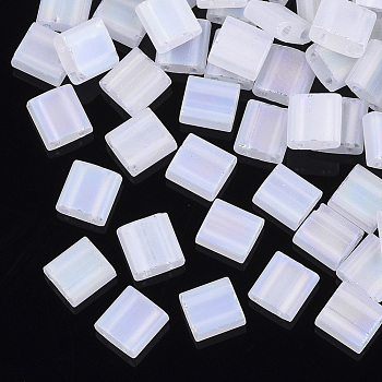 2-Hole Transparent Glass Seed Beads, Frosted AB Colours, Rectangle, White, 5x5~5.5x2~2.5mm, Hole: 0.7mm