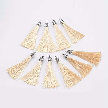 Nylon Tassels Big Pendant Decorations, with Antique Silver Alloy Findings, Beige, 55~67x7mm, Hole: 2mm