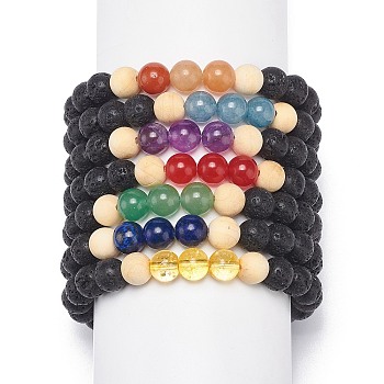 7Pcs 7 Style Natural Lava Rock & Wood  & Mixed Stone Round Beaded Stretch Bracelets Set, Essential Oil Chakra Yoga Stackable Bracelets for Women, Inner Diameter: 2-1/8 inch(5.5cm), 1Pc/style