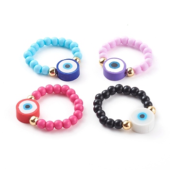 Stretch Finger Rings, with Opaque Acrylic Beads, Polymer Clay Evil Eye Beads and Brass Round Beads, Mixed Color, Inner Diameter: 17mm