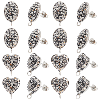 DICOSMETIC 8Pair 2 Style Polymer Clay Rhinestone Stud Earring Findings, with Stainless Steel Findings and Loop, Heart & Oval, with 20Pcs 304 Stainless Steel Ear Nuts, Jet, 16.5~18x10.5~14, Hole: 0.7~2mm, Pin: 0.6~0.7mm, 4pair/style