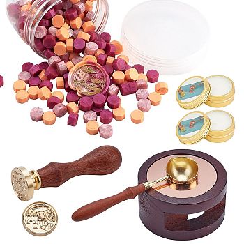 CRASPIRE DIY Scrapbook Making Kits, Including Sealing Wax Particle, Round Sealing Wax Stove, Brass Wax Seal Stamp and Wood Handle Sets, Brass Wax Sticks Melting Spoon, Candles, Golden, Sealing Wax Particles: 210pcs