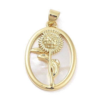 Rack Plating Brass Pave Shell Pendants, Oval with Flower Charms, Long-Lasting Plated, Lead Free & Cadmium Free, Real 18K Gold Plated, 25x17.5x3mm, Hole: 5x3.5mm