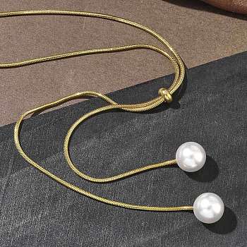 Ion Plating(IP) Round White Acrylic Imitation Pearl 304 Stainless Steel Round Snake Chain Lariat Necklaces, Golden, 27.56 inch(70cm)