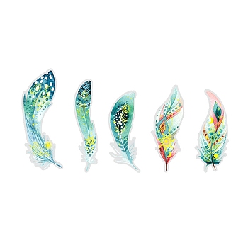 10Pcs Hot Stamping PET Self Adhesive Feather Stickers, Waterproof Feather Decals, for Diary, Album, Notebook, DIY Arts and Crafts, Light Green, 130x50mm