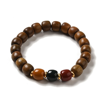 Wood Bead Bracelets, with Alloy Beads and Gemstone Beads, Buddhist Jewelry, Stretch Bracelets, Camel, 9mm, Inner Diameter: 2 inch(5.2cm)
