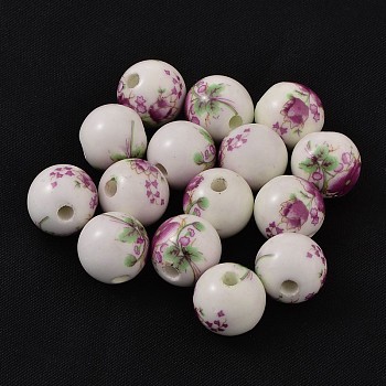 Floral Printed Porcelain Beads, Flower Patterned Ceramic Round Beads, Pink, about 12mm in diameter, hole: 2.5mm