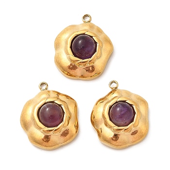 304 Stainless Steel Pave Natural Amethyst Pendants, Flower Charms, Real 18K Gold Plated, PVD Vacuum Plating, 18x15x7.5mm, Hole: 1.5mm