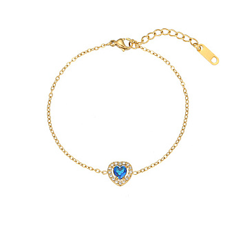 Cubic Zirconia Heart Link Bracelet with Golden Stainless Steel Chains, Dark Blue, 6-1/4 inch(16cm)