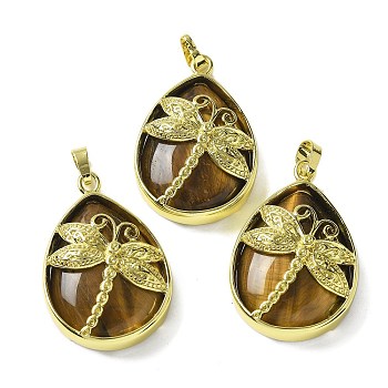 Natural Tiger Eye Pendants, with Golden Tone Brass Findings, Lead Free & Cadmium Free, Teardrop with Dragonfly Charms, 40~40.5x26~26.5x8.5~9.5mm, Hole: 7~8x4.5~5mm