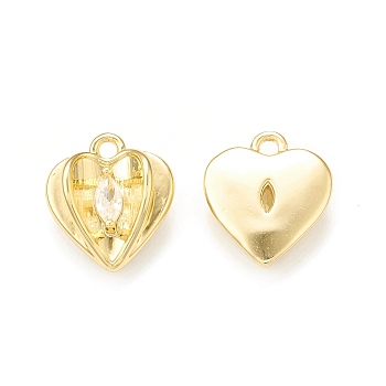 Clear Glass Pendnants, with Brass Findings, Heart Charms, Real 18K Gold Plated, 11x9.5x3mm, Hole: 1.2mm