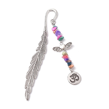Tibetan Style Alloy Feather Bookmark, with Synthetic Turquoise Beads, Antique Silver, Aum/Om Symbol, 81x15x2mm