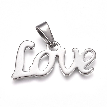 2Pcs 304 Stainless Steel Pendants, Word Love, Stainless Steel Color, 16x34.5x1.5mm, Hole: 10x4.5mm