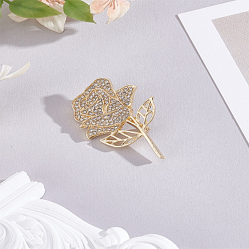 1Pc Rose Zinc Alloy Rhinestone Brooches, Golden, 47x32mm