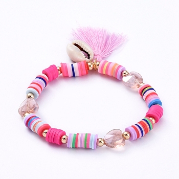 Stretch Charm Bracelets, with Polymer Clay Heishi Beads, Cotton Thread Tassels, Cowrie Shell Beads, Heart Glass Beads and Brass Round Beads, Pink, 2-1/8 inch(5.4cm)