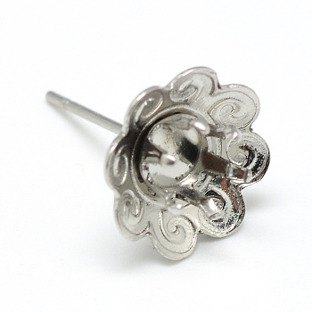 304 Stainless Steel Stud Earring Settings, Flower, Stainless Steel Color, Tray: 4mm, 11x10mm, pin: 0.8mm