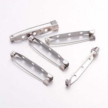Iron Brooch Findings, Back Bar Pins, with Three Holes, Platinum, 38x6mm, Pin: 1mm, Hole: 2mm