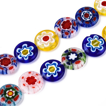 Handmade Millefiori Lampwork Beads Strands, Flat Round, Colorful, 13~13.5x3.5~4mm, Hole: 1mm, about 27pcs/strand, 14.06''(35.7cm)