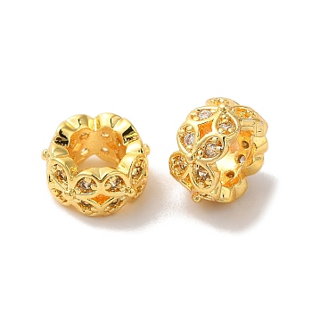 Long-Lasting Plated Brass Micro Pave Clear Cubic Zirconia Beads, Flower, Large Hole Bead, Real 18K Gold Plated, 7.9x4.3mm, Hole: 4.1mm