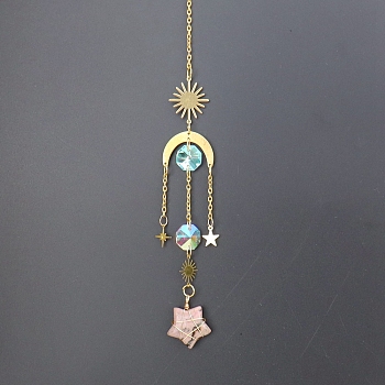 Natural Rhodonite Star Sun Catcher Hanging Ornaments with Brass Sun, for Home, Garden Decoration, Golden, 400mm