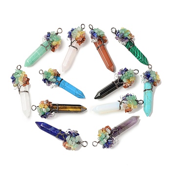 7 Chakra Pointed Natural & Synthetic Mixed Gemstone Big Pendants, Chip Gems Tree Faceted Bullet Charms with Red Copper Plated Rack Plating Copper Wire Wrapped, Cadmium Free & Lead Free, 62~66.5x22~26x17.5~18mm, Hole: 4.2~6.5mm